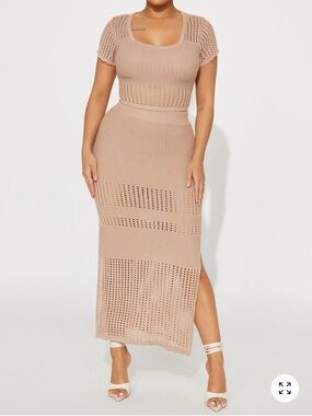Beige Crochet Maxi Skirt and Top Set – Neutral Knit Women's Skirt